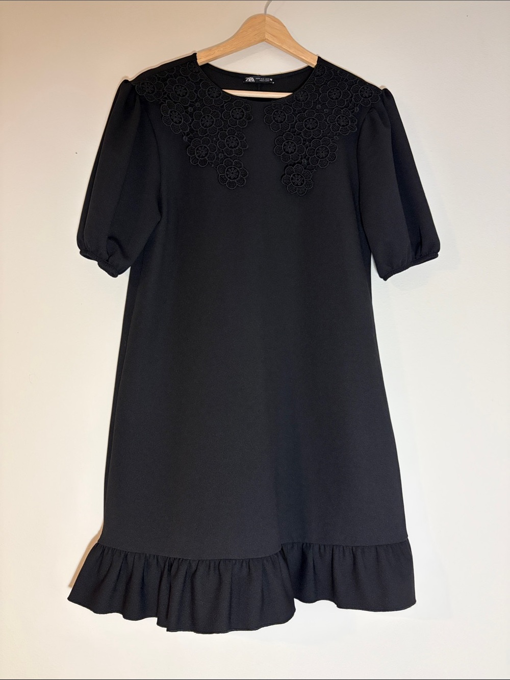 Zara Black Floral Appliqué Collar Puff Sleeve Dress